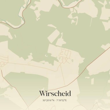 Wirscheid 'in klasik duvar sanat haritası, Rheinland-Pfalz, Almanya' da. Ormanlar, yollar, şehirler, göller ve nehirlerle ilgili hava planı.