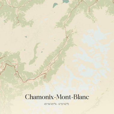 Chamonix-mont-blanc 'ın klasik duvar haritası, Bonneville, Auvergne-Rhone-Alpes, Fransa' da. Ormanlar, yollar, şehirler, göller ve nehirlerle ilgili hava planı.