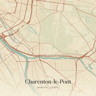 Charenton-le-pont 'un klasik duvar sanat haritası, Fransa' nın Creteil şehrinde. Ormanlar, yollar, şehirler, göller ve nehirlerle ilgili hava planı.