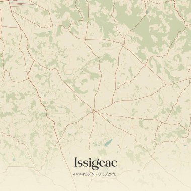 Bergerac, Nouvelle-Aquitaine, Fransa 'da bulunan issigeac' ın klasik duvar sanat haritası. Ormanlar, yollar, şehirler, göller ve nehirlerle ilgili hava planı.