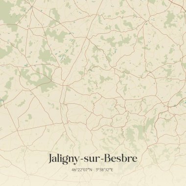 Vichy, Auvergne-Rhone-Alpes, Fransa 'daki Jaligny-sur-besbre' nin klasik duvar sanat haritası. Ormanlar, yollar, şehirler, göller ve nehirlerle ilgili hava planı.