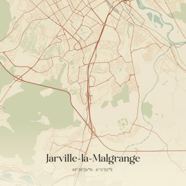 Vintage wall art map of jarville-la-malgrange, located in Nancy, Grand Est, France. Aerial plan with forests, roads, cities, lakes and rivers. clipart