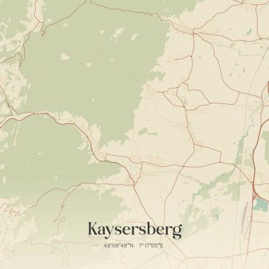 Ribeauville, Grand Est, Fransa 'da bulunan Kaysersberg' in klasik duvar sanat haritası. Ormanlar, yollar, şehirler, göller ve nehirlerle ilgili hava planı.