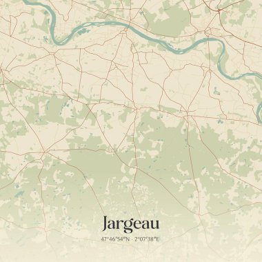 Orleans, Centre-Val de Loire, Fransa 'da bulunan Jargeau' nun klasik duvar sanat haritası. Ormanlar, yollar, şehirler, göller ve nehirlerle ilgili hava planı.