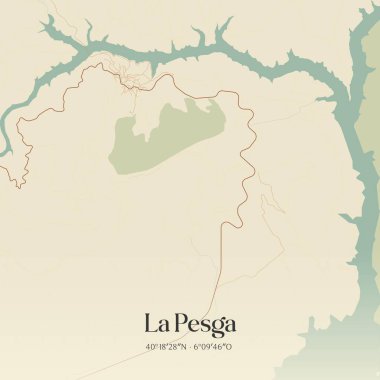 La Pesga 'nın klasik duvar sanat haritası, Extremadura, İspanya' da. Ormanlar, yollar, şehirler, göller ve nehirlerle ilgili hava planı.