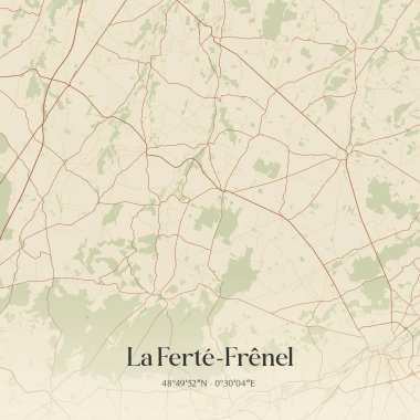 La Ferte-Frenel 'in klasik duvar haritası, Fransa, Normandie, Argentan' da. Ormanlar, yollar, şehirler, göller ve nehirlerle ilgili hava planı.