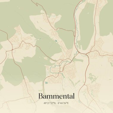 Baden-Wurttemberg, Almanya 'da bulunan Bammental' in klasik duvar sanat haritası. Ormanlar, yollar, şehirler, göller ve nehirlerle ilgili hava planı.