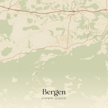 Almanya 'nın Bayern kentinde bulunan Bergen' in klasik duvar sanat haritası. Ormanlar, yollar, şehirler, göller ve nehirlerle ilgili hava planı.