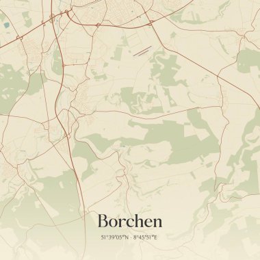 Borchen 'in klasik duvar sanat haritası, Nordrhein-Westfalen, Almanya' da. Ormanlar, yollar, şehirler, göller ve nehirlerle ilgili hava planı.