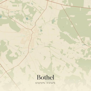 Bothel 'in klasik duvar sanat haritası, Niedersachsen, Almanya' da. Ormanlar, yollar, şehirler, göller ve nehirlerle ilgili hava planı.