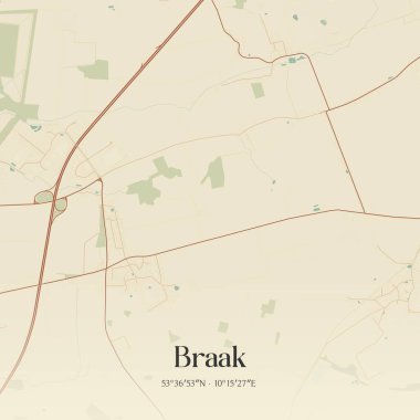 Braak 'ın Almanya' nın kuzeyinde bulunan klasik duvar sanat haritası. Ormanlar, yollar, şehirler, göller ve nehirlerle ilgili hava planı.