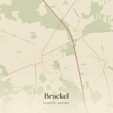 Brackel 'in klasik duvar sanat haritası, Niedersachsen, Almanya' da. Ormanlar, yollar, şehirler, göller ve nehirlerle ilgili hava planı.