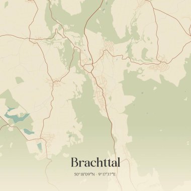 Brachttal 'ın klasik duvar sanat haritası, Hessen, Almanya' da. Ormanlar, yollar, şehirler, göller ve nehirlerle ilgili hava planı.