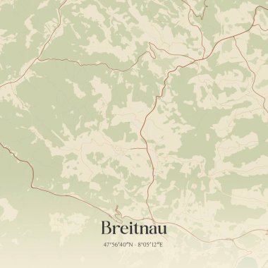 Breitnau 'nun klasik duvar sanat haritası, Baden-Wurttemberg, Almanya' da. Ormanlar, yollar, şehirler, göller ve nehirlerle ilgili hava planı.