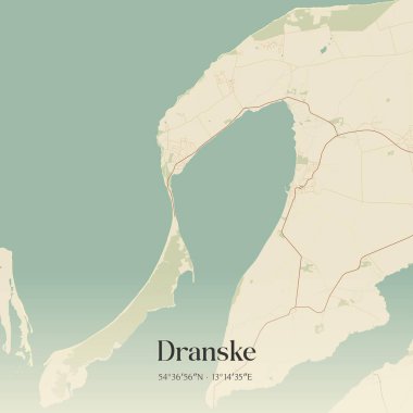 Almanya 'nın Mecklenburg-Vorpommern kentinde bulunan Dranske' nin klasik duvar sanat haritası. Ormanlar, yollar, şehirler, göller ve nehirlerle ilgili hava planı.