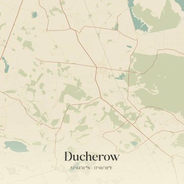 Ducherow 'un klasik duvar sanat haritası, Mecklenburg-Vorpommern, Almanya' da. Ormanlar, yollar, şehirler, göller ve nehirlerle ilgili hava planı.