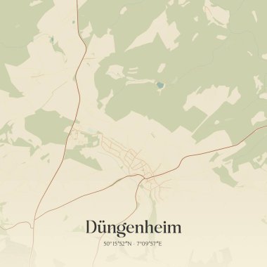 Dungenheim 'ın klasik duvar sanat haritası, Rheinland-Pfalz, Almanya' da. Ormanlar, yollar, şehirler, göller ve nehirlerle ilgili hava planı.