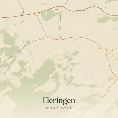 Almanya 'nın Rheinland-Pfalz kentinde bulunan Fleringen' in klasik duvar sanat haritası. Ormanlar, yollar, şehirler, göller ve nehirlerle ilgili hava planı.