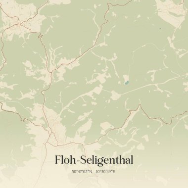 Thuringen, Almanya 'da bulunan Floh-Seligenthal' ın klasik duvar sanat haritası. Ormanlar, yollar, şehirler, göller ve nehirlerle ilgili hava planı.