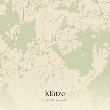 Vintage wall art map of Klotze, located in Sachsen-Anhalt, Germany. Aerial plan with forests, roads, cities, lakes and rivers. clipart