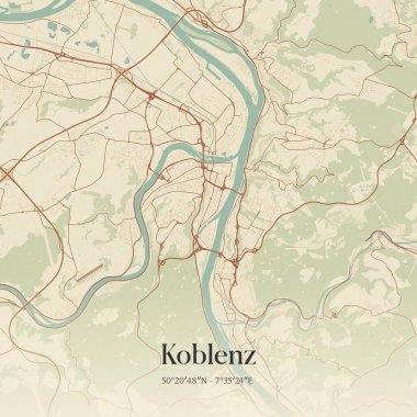 Rheinland-Pfalz, Almanya 'da bulunan Koblenz' in klasik duvar sanat haritası. Ormanlar, yollar, şehirler, göller ve nehirlerle ilgili hava planı.