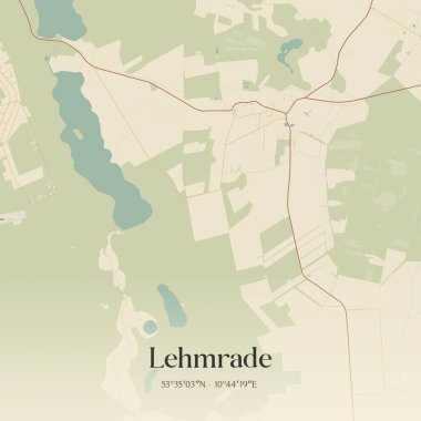 Almanya 'nın kuzeyinde Schleswig-Holstein eyâletinde bulunan Lehmrade' in klasik duvar sanat haritası. Ormanlar, yollar, şehirler, göller ve nehirlerle ilgili hava planı.