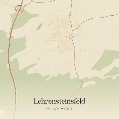 Baden-Wurttemberg, Almanya 'da bulunan Lehrensteinsfeld' in klasik duvar sanat haritası. Ormanlar, yollar, şehirler, göller ve nehirlerle ilgili hava planı.