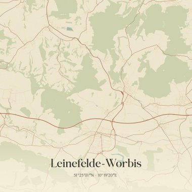 Leinefelde-Worbis 'in klasik duvar sanat haritası, Almanya, Thuringen' de yer almaktadır. Ormanlar, yollar, şehirler, göller ve nehirlerle ilgili hava planı.