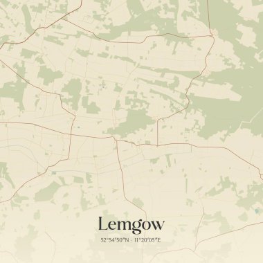 Lemgow 'un klasik duvar sanat haritası, Niedersachsen, Almanya' da. Ormanlar, yollar, şehirler, göller ve nehirlerle ilgili hava planı.