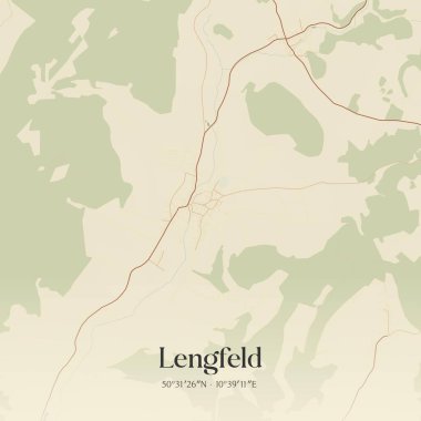 Lengfeld 'in klasik duvar sanat haritası, Thuringen, Almanya' da. Ormanlar, yollar, şehirler, göller ve nehirlerle ilgili hava planı.