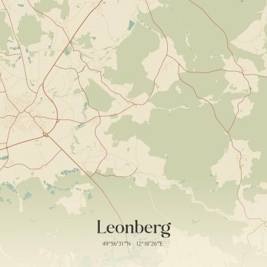 Leonberg 'in Almanya' nın Bayern kentinde bulunan klasik duvar sanat haritası. Ormanlar, yollar, şehirler, göller ve nehirlerle ilgili hava planı.