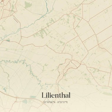 Lilienthal 'ın klasik duvar sanat haritası, Niedersachsen, Almanya' da. Ormanlar, yollar, şehirler, göller ve nehirlerle ilgili hava planı.