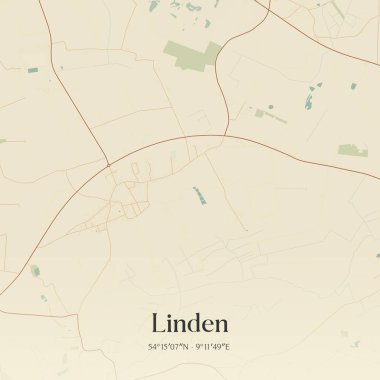 Vintage wall art map of Linden, located in Schleswig-Holstein, Germany. Aerial plan with forests, roads, cities, lakes and rivers. clipart