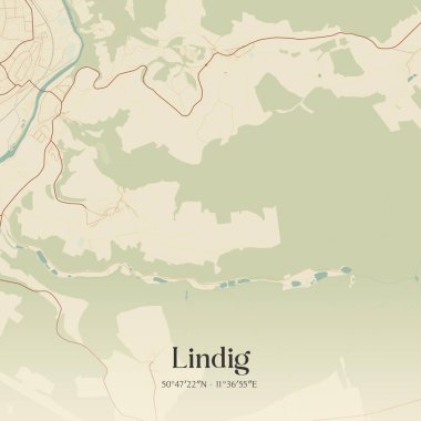 Lindig 'in klasik duvar haritası, Thuringen, Almanya' da. Ormanlar, yollar, şehirler, göller ve nehirlerle ilgili hava planı.