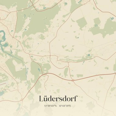 Ludersdorf 'un klasik duvar sanat haritası, Mecklenburg-Vorpommern, Almanya' da. Ormanlar, yollar, şehirler, göller ve nehirlerle ilgili hava planı.