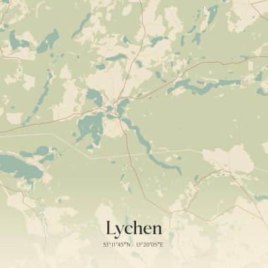 Brandenburg, Almanya 'da bulunan Lychen' in klasik duvar sanat haritası. Ormanlar, yollar, şehirler, göller ve nehirlerle ilgili hava planı.