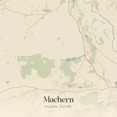 Sachsen, Almanya 'da bulunan Machern' in klasik duvar sanat haritası. Ormanlar, yollar, şehirler, göller ve nehirlerle ilgili hava planı.