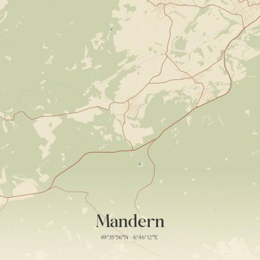 Vintage wall art map of Mandern, located in Rheinland-Pfalz, Germany. Aerial plan with forests, roads, cities, lakes and rivers. clipart