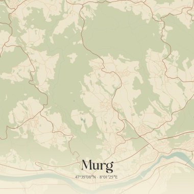 Murg 'ün klasik duvar sanat haritası, Baden-Wurttemberg, Almanya' da. Ormanlar, yollar, şehirler, göller ve nehirlerle ilgili hava planı.
