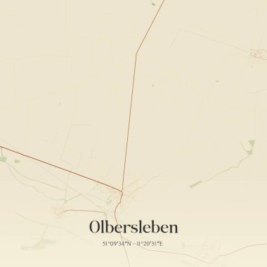 Olbersleben 'in klasik duvar haritası, Thuringen, Almanya' da. Ormanlar, yollar, şehirler, göller ve nehirlerle ilgili hava planı.