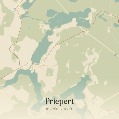 Priepert 'in klasik duvar sanat haritası, Mecklenburg-Vorpommern, Almanya' da. Ormanlar, yollar, şehirler, göller ve nehirlerle ilgili hava planı.