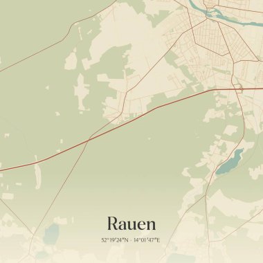 Brandenburg, Almanya 'da bulunan Rauen' in klasik duvar sanat haritası. Ormanlar, yollar, şehirler, göller ve nehirlerle ilgili hava planı.
