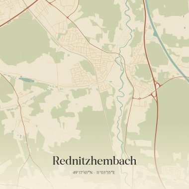 Rednitzhembach 'ın klasik duvar sanat haritası, Almanya Bayern' de bulunuyor. Ormanlar, yollar, şehirler, göller ve nehirlerle ilgili hava planı.