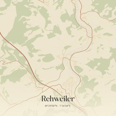 Rheinland-Pfalz, Almanya 'da bulunan Rehweiler' ın klasik duvar sanat haritası. Ormanlar, yollar, şehirler, göller ve nehirlerle ilgili hava planı.