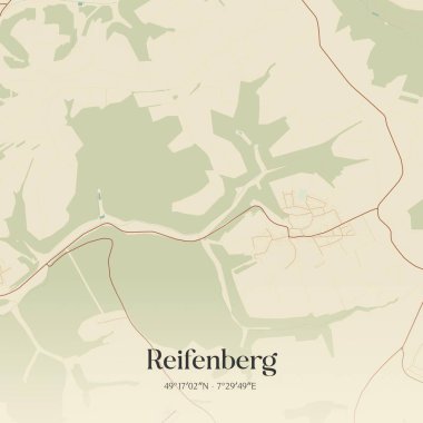 Rheinland-Pfalz, Almanya 'da bulunan Reifenberg' in klasik duvar sanat haritası. Ormanlar, yollar, şehirler, göller ve nehirlerle ilgili hava planı.