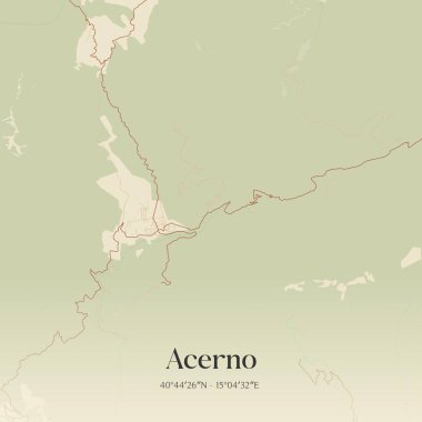 İtalya, Campania 'da bulunan Acerno' nun klasik duvar sanat haritası. Ormanlar, yollar, şehirler, göller ve nehirlerle ilgili hava planı.