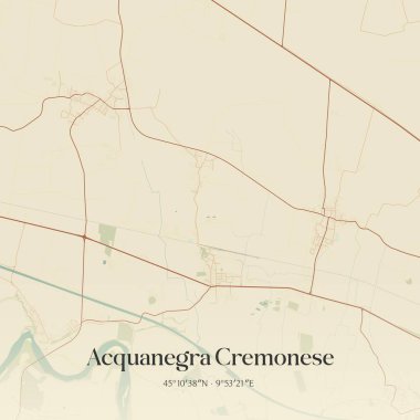 Vintage wall art map of Acquanegra Cremonese, located in Lombardia, Italy. Aerial plan with forests, roads, cities, lakes and rivers. clipart