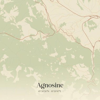 Agnosine 'in klasik duvar haritası, Lombardia, İtalya' da. Ormanlar, yollar, şehirler, göller ve nehirlerle ilgili hava planı.