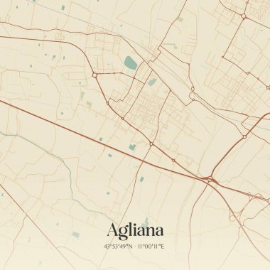 İtalya, Toscana 'da bulunan Agliana' nın klasik duvar sanat haritası. Ormanlar, yollar, şehirler, göller ve nehirlerle ilgili hava planı.