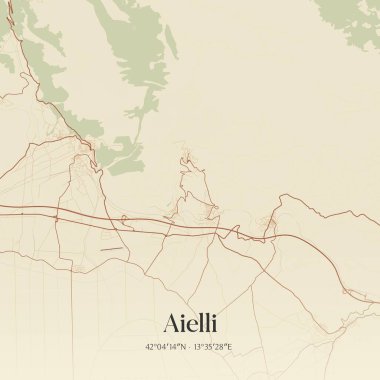 Aielli 'nin klasik duvar haritası, İtalya, Abruzzo' da. Ormanlar, yollar, şehirler, göller ve nehirlerle ilgili hava planı.